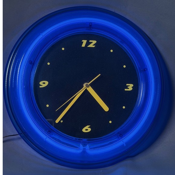 Enhance Other - Enhance Blue Neon Wall Clock Retro Round Black Face Yellow Numbers